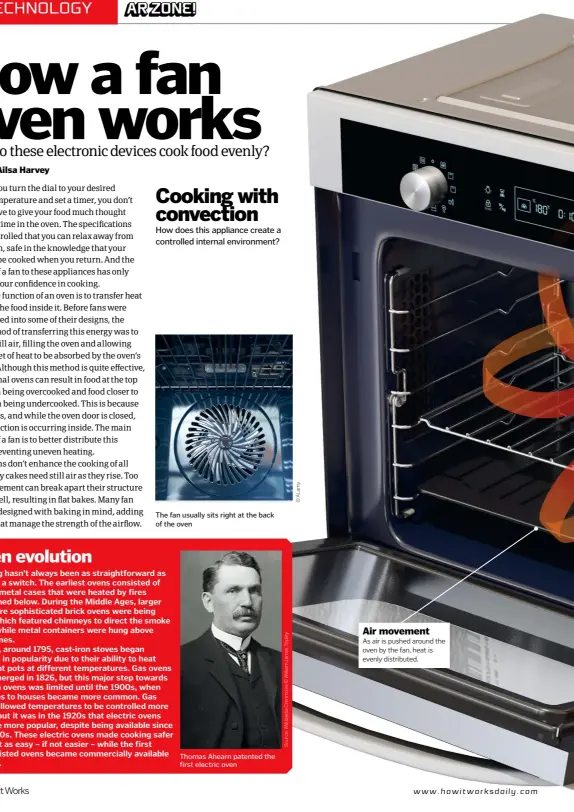  ??  ?? The fan usually sits right at the back of the oven
Thomas Ahearn patented the first electric oven
Air movement
As air is pushed around the oven by the fan, heat is evenly distribute­d. COOKING WITH CONVECTION How does this appliance create a controlled internal environmen­t?