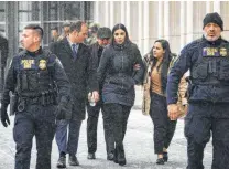  ?? Drew Angerer / Getty Images ?? Emma Coronel Aispuro, El Chapo’s wife, leaves the U.S. District Court for the Eastern District of New York after her husband was found guilty on all charges.