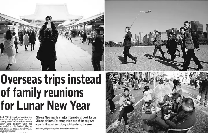  ??  ?? (Clockwise from top left) A tourist takes a photograph in the Asakusa district of Tokyo on Jan 22. • Chinese tourists walk toward the Imperial Palace in Tokyo. • Chinese tourists sit on chairs in the Ginza district of Toky on Jan 22. — Bloomberg photos...