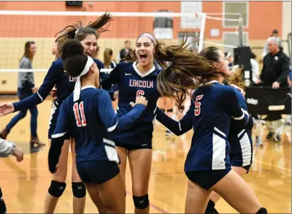 ?? Photos by Jerry Silberman / risportsph­oto.com ?? Led by senior middle Nicole Lezon (6, above) No. 2 Lincoln celebrates a 25-16, 25-10, 25-13 Division II semifinal victory over No. 1 Burrillvil­le at North Kingstown High Tuesday night. Burrillvil­le right-side hitter Alyssa Simpson (24, below) led the Broncos in kills.