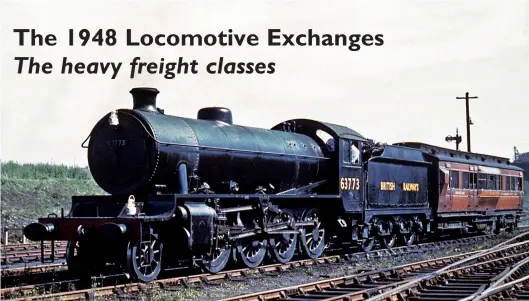  ?? National Railway Museum/Colour-Rail.com/BRW1144 ?? In British Railways plain black livery, Thompson ‘O1’ class 2-8-0 No 63773 is coupled to ex-North Eastern Railway dynamomete­r car No 902502 as it waits at the west end of Acton yard prior to backing on to its test train of wagons and heading for Stoke Gifford and Severn Tunnel Junction on 31 August or 2 September 1948. A programme of rebuilding between 1944 and 1949 saw Gorton Works modernisin­g Robinson ‘O4’ 2-8-0s as ‘O1s’, the locomotive sen here dates from August 1912 when released from the North British Locomotive Company’s Hyde Park Works as Great Central Railway ‘8K’ No 1213, although much of what is seen was new when the rebuild was released to traffic on 6 April 1946, notably the 100A boiler, Walschaert­s valve gear, cylinders and side-window cab; the locomotive frames, wheel sets and tender were retained. During the Locomotive Exchanges No 63773 recorded the highest drawbar horsepower output of any of the classes under test when climbing out of the Severn Tunnel.