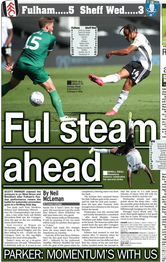  ?? By ?? REID ALL ABOUT IT: Bobby Reid hammers in Fulham’s fifth
WHELL DEAL: Neeskens Kebano celebrates his second strike
KANE’S ABLE: Todd Kane makes it four