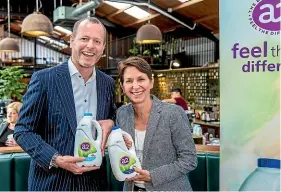  ??  ?? Fonterra Brands New Zealand acting sales director Grant Watson and A2 Milk chief executive Jayne Hrdlicka. The two companies are expanding their A2 milk supply.