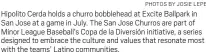  ?? PHOTOS BY JOSIE LEPE ?? Hipolito Cerda holds a churro bobblehead at Excite Ballpark in San Jose at a game in July. The San Jose Churros are part of Minor League Baseball’s Copa de la Diversión initiative, a series designed to embrace the culture and values that resonate most with the teams’ Latino communitie­s.