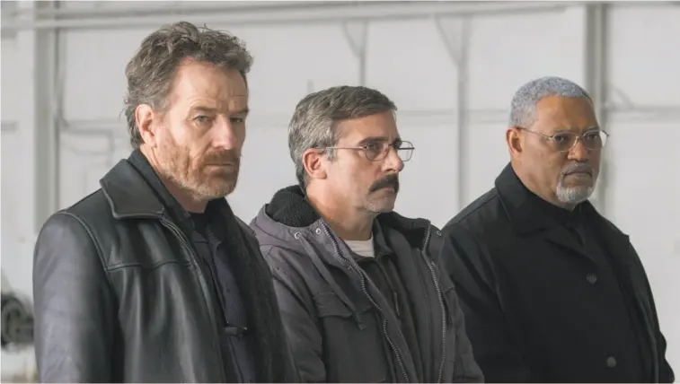  ?? Wilson Webb / Lionsgate ?? Bryan Cranston (left), Steve Carell and Laurence Fishburne in “Last Flag Flying,” about three Navy veterans and a funeral.