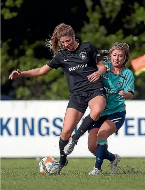  ?? PHOTO:SHANE WENZLICK/PHOTOTEK ?? Forrest Hill Milford’s Tayla Christense­n scored twice to send her team to the semifinals of the Women’s Knockout Cup.