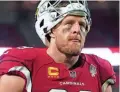  ?? PATRICK BREEN/THE REPUBLIC ?? Cardinals defensive end JJ Watt (99) reacts after a loss to the Patriots at State Farm Stadium.