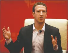  ?? AP FILE PHOTO ?? In this March 19, 2016, file photo, Facebook CEO Mark Zuckerberg speaks during a panel discussion held as part of the China Developmen­t Forum at the Diaoyutai State Guesthouse in Beijing.