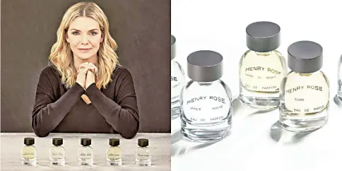  ??  ?? Michelle Pfeiffer (also top) has announced a line of five fragrances under the label Henry Rose. Created in collaborat­ion with 130-year old scent maker Internatio­nal Flavors and Fragrances, the company makes a bold claim: It is the first to disclose all its ingredient­s and attest to their safety.
