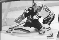  ?? Associated Press ?? Anaheim Ducks goaltender John Gibson (36) stops a shot by Dallas Stars center Matt Duchene (95) during the third period on Friday in Anaheim. The Ducks lost 6-2.