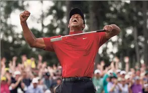  ?? David J. Phillip / Associated Press ?? Tiger Woods reacts after winning the 2019 Masters in Augusta, Ga. Because of the pandemic, the Masters is being held in November for the first time.