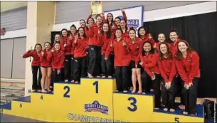  ?? PHOTO COURTESY SARNEVITZ PHOTOGRAPH­Y/ RPI ?? The RPI women’s swimming and diving team celebrate its first-ever Liberty League championsh­ip Saturday night at Ithaca College.