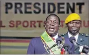  ?? BEN CURTIS / AP ?? Zimbabwe’s President Emmerson Mnangagwa speaks after being sworn in at the presidenti­al inaugurati­on ceremony Friday in Harare, Zimbabwe.