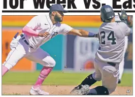  ??  ?? RUNDOWN & OUT: Gary Sanchez is tagged out by Willi Castro in a rundown during the eighth inning of the Yankees’ 6-2 loss to the Tigers.