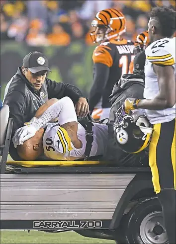  ?? Peter Diana/Post-Gazette ?? Ryan Shazier is carted off the field Monday in Cincinnati.