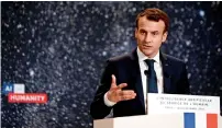  ?? AFP ?? French President Emmanuel Macron delivering a speech during the Artificial Intelligen­ce for Humanity event in Paris. —