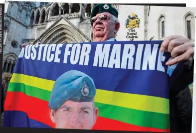  ??  ?? Silent fury: A Royal Marines veteran protests at the jailing of Sgt Alexander Blackman for killing an Afghan insurgent. He was freed last year