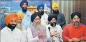  ?? SAMEER SEHGAL/HT ?? (From left) Delhi Sikh Gurdwara Management Committee general secretary Manjinder Singh Sirsa, SGPC president Gobind Singh Longowal, SGPC senior vicepresid­ent Raghujit Singh Virk and DSGMC chief Manjit Singh GK in Amritsar.