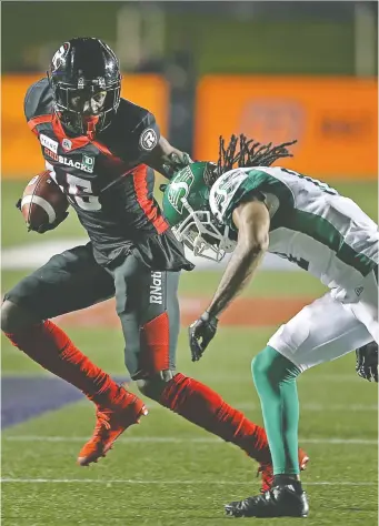  ?? WAYNE CUDDINGTON ?? After a pummelling from the Saskatchew­an Roughrider­s on Aug. 24, Dominique Rhymes, left, and the Redblacks hope to have better luck fending off the Toronto Argonauts on Saturday at TD Place.