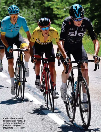  ?? GETTY ?? Chain of command: Froome and Porte, in yellow jersey, battle it out in this year’s Dauphine