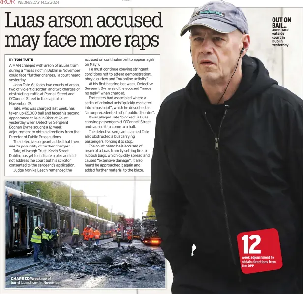  ?? ?? CHARRED Wreckage of burnt Luas tram in November
OUT ON BAIL.. John Tate outside court in Dublin yesterday