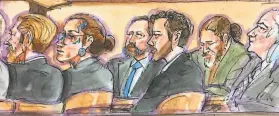  ?? Vicki Behringer / Special to The Chronicle ?? Defendants Max Harris (second from left) and Derick Almena (second from right) and their attorneys listen to closing arguments at their trial in Oakland.