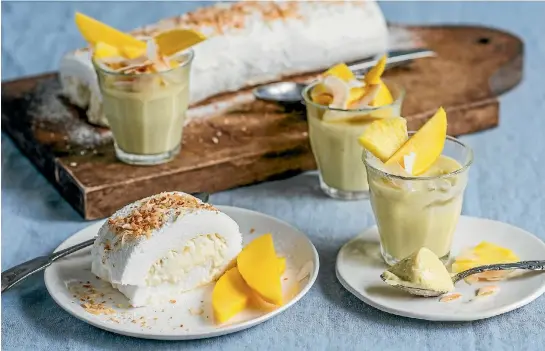 ?? SARAH TUCK ?? Savour the memories of summer with this meringue roll and white chocolate cheesecake pots.