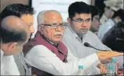  ?? HT PHOTO ?? Chief minister Manohar Lal Khattar at a meeting of the district grievances redressal committee in Gurgaon.