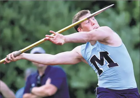  ?? Catherine Avalone / Hearst Connecticu­t Media ?? Middletown senior Dylan Drescher threw 172-02 to win the javelin throw at the CIAC Class L track and field championsh­ips on Tuesday at Middletown High School. Drescher placed fourth in the shot put with a throw of 134-11.