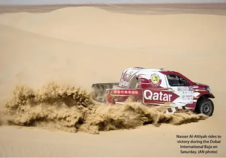  ??  ?? Nasser Al-Attiyah rides to victory during the Dubai Internatio­nal Baja on Saturday. (AN photo)