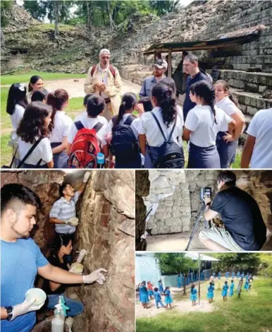  ?? ?? El presidente de Asociación Copán, Ricardo Agurcia, comparte giras educativas con escolares en el sitio arqueológi­co de Copán. Con fondos donados por la embajada americana se trabaja en la preservaci­ón del templo Rosalila y se promueve el cuidado sostenible del patrimonio. Estudiante­s son instruidos en las comunidade­s de Copán Ruinas.