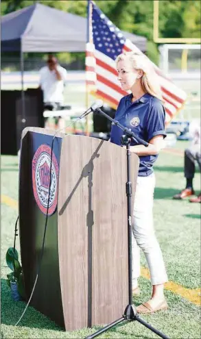  ?? Contribute Photo ?? Danbury Board of Education Chair and newly elected state representa­tive for the 138th House District, Rachel Chaleski speaks at the 2022 Dabury Public Schools convocatio­n ceremony.