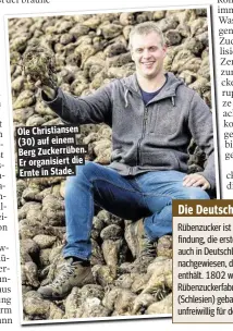  ??  ?? Ole Christians­en (30) auf einem Berg Zuckerrübe­n. Er organisier­t die Ernte in Stade.