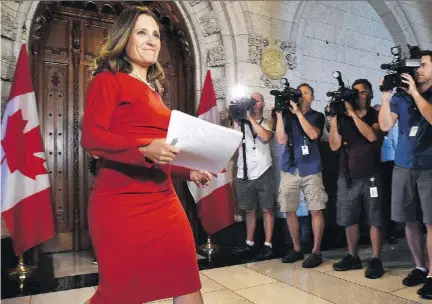  ?? SEAN KILPATRICK/THE CANADIAN PRESS ?? Foreign Affairs Minister Chrystia Freeland says Canada is determined to work to maintain key elements of NAFTA, including the dispute resolution process to ensure anti-dumping and countervai­ling duties are only applied when warranted.