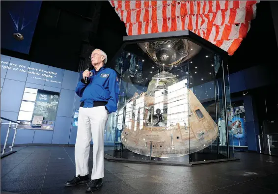  ?? (File Photo/AP/Jay Reeves) ?? Retired NASA astronaut Charlie Duke discusses on April 20 the 50th anniversar­y of his trip to the moon aboard Apollo 16 in Huntsville, Ala. The capsule is housed at the U.S. Space and Rocket Center, located near NASA’s Marshall Space Flight Center.
