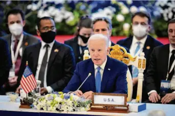  ?? Vincent Thian/Associated Press ?? President Biden speaks at the Associatio­n of Southeast Asian Nations summit in Phnom Penh, Cambodia. Biden is seeking to expand U.S. influence in the strategica­lly vital region.