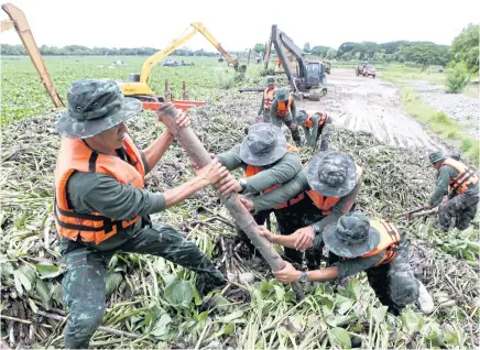  ?? PATTARAPON­G CHATPATTAR­ASILL ?? Soldiers stack piles of water hyacinth after the plants were removed from the Chao Phraya River by heavy machinery in Chai Nat. The hyacinth have clogged up the river, slowing water flow and depriving the water of oxygen.