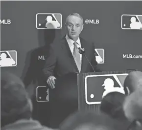  ?? STEVE MITCHELL / USA TODAY SPORTS ?? MLB commission­er Rob Manfred plans to implement a 48-to-54-game schedule that will pay players their full prorated salary if no agreement is reached soon.