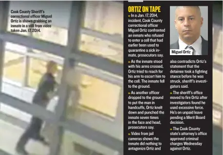  ??  ?? Cook County Sheriff’s correction­al officer Miguel Ortiz is shown grabbing an inmate in a still from video taken Jan. 17, 2014.