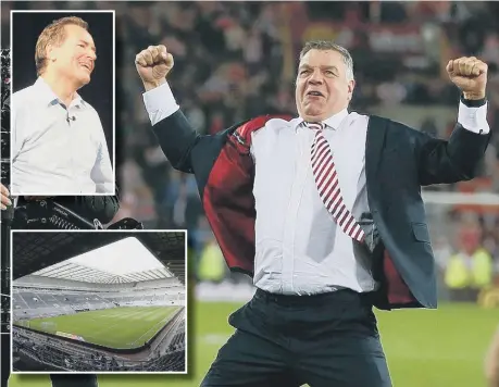  ??  ?? Sam Allardyce celebrated when things were good on Wearside, main picture. Top left, Jeff Stelling had a rant and St James’s Park, bottom left, has HMRC sniffing around.