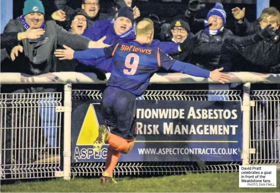  ??  ?? David Pratt celebrates a goal in front of the Wealdstone fans PHOTO: DAN FINILL