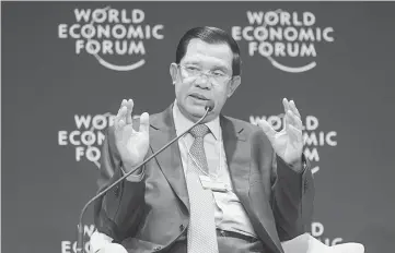  ??  ?? Cambodian Prime Minister Hun Sen speaks during the World Economic Forum for Associatio­n of Southeast Asian Nations (ASEAN) in Kuala Lumpur, Malaysia, on June 1, 2016. — WP-Bloomberg photos