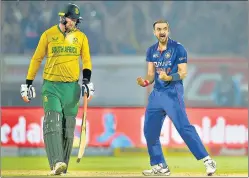  ?? PTI ?? India’s Harshal Patel celebrates the wicket of South Africa's David Miller on Tuesday.