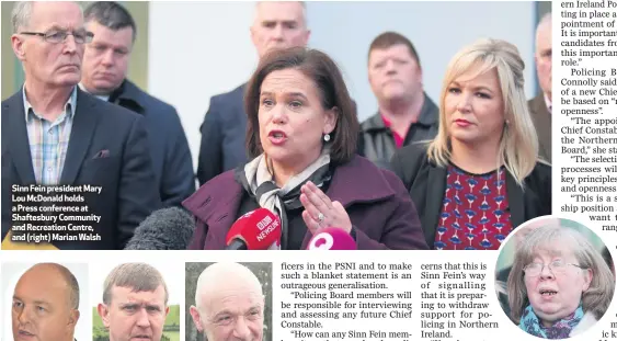  ??  ?? Sinn Fein president Mary Lou McDonald holds a Press conference at Shaftesbur­y Community and Recreation Centre, and (right) Marian Walsh