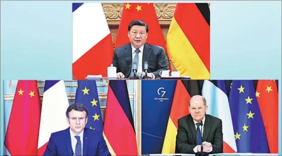  ?? LI XIANG / XINHUA ?? President Xi Jinping attends a video summit from Beijing on March 8 with French President Emmanuel Macron (left) and German Chancellor Olaf Scholz.