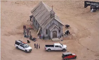  ?? ?? This aerial photo shows the movie set of “Rust” at Bonanza Creek Ranch in Santa Fe, on October 23, 2021.