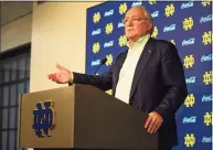  ?? Michael Caterina / Associated Press ?? Notre Dame athletic director Jack Swarbrick answers questions regarding football coach Brian Kelly's resignatio­n, on Tuesday in South Bend, Ind.