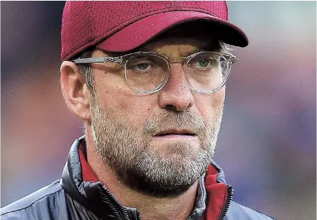  ??  ?? Liverpool’s German manager Jurgen Klopp during the English Premier League football match between Liverpool and Manchester City at Anfield in Liverpool, north west England on Sunday — AFP