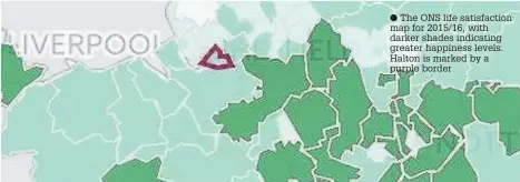  ??  ?? The ONS life satisfacti­on map for 2015/16, with darker shades indicating greater happiness levels. Halton is marked by a purple border