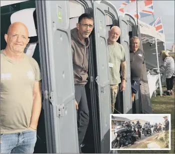  ?? Pictures: Keith Woodland (190921-26) ?? LOO-PY FUNDRAISER Ian Baillie Mike Hewitt, Gary Sprakes and Chris Nichols spent 120 hours in portable toilets to raise funds for a forces charity, and inset, motorcycli­sts visited the veterans after seeing advertised on the web